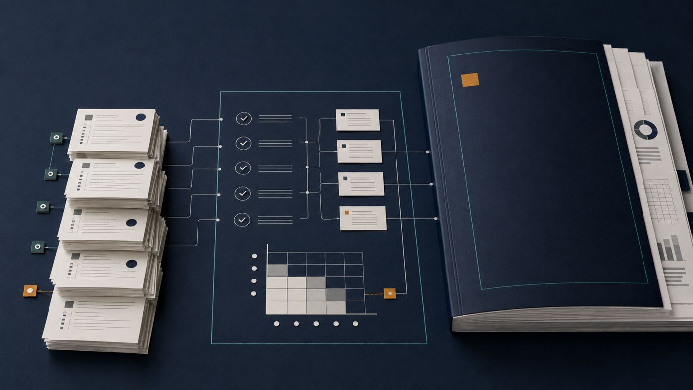 Illustration of collected records being organised into a clear, evidenced report.