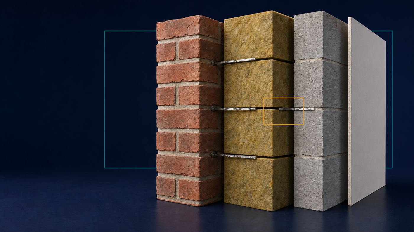 Cross section illustration of a full fill cavity wall showing its material layers: outer brick leaf, full fill mineral wool insulation, inner blockwork and plasterboard lining.