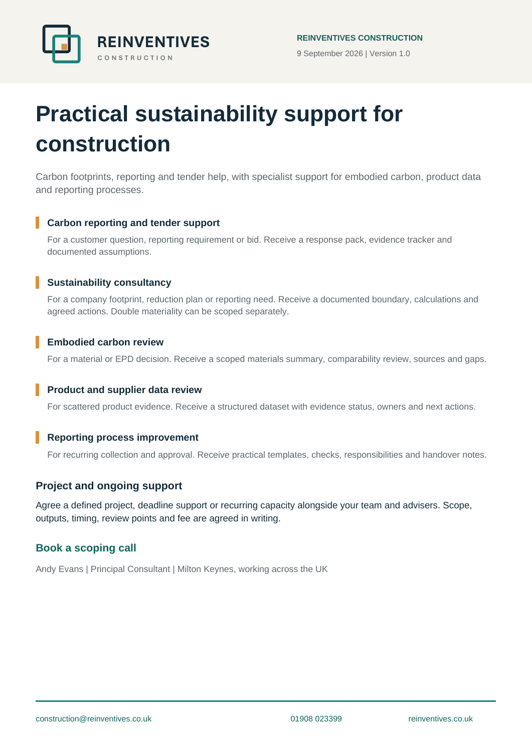 Preview of the one-page Reinventives Construction service menu.