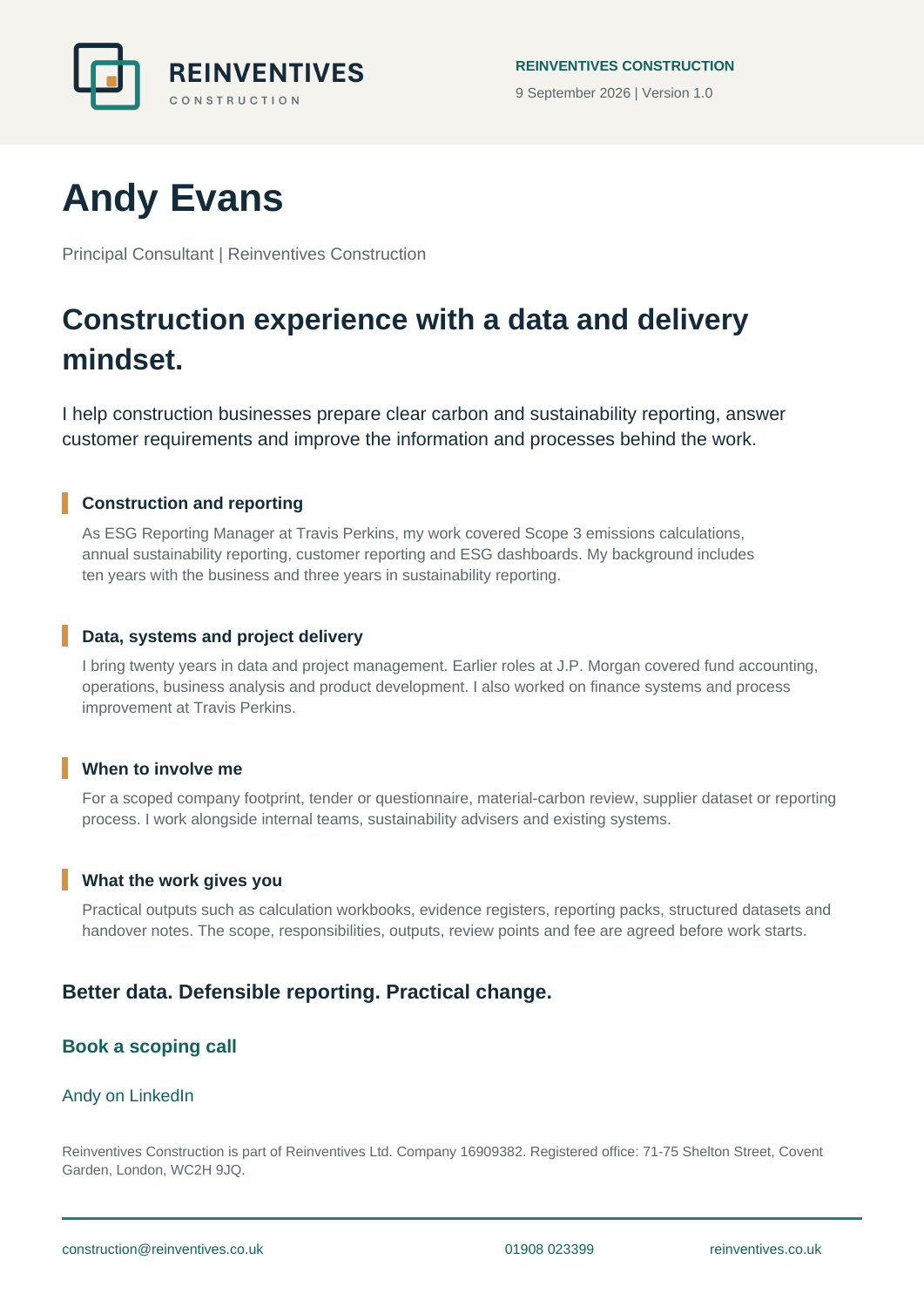 Preview of the one-page Andy Evans profile.